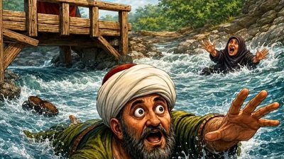 يُحكى أن جحا كان يسير مع زوجته وحماته